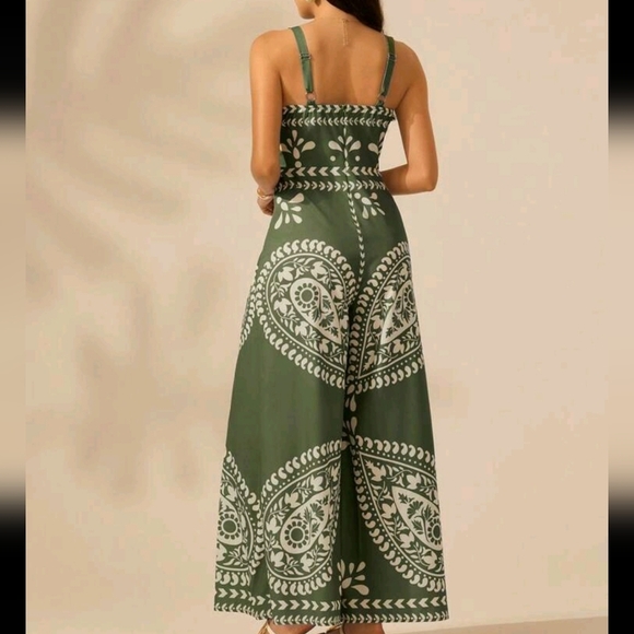 Resort Boho Tropical Print Sleeveless Strap Wide Leg Jumpsuit, Green And Beige - Picture 4 of 6